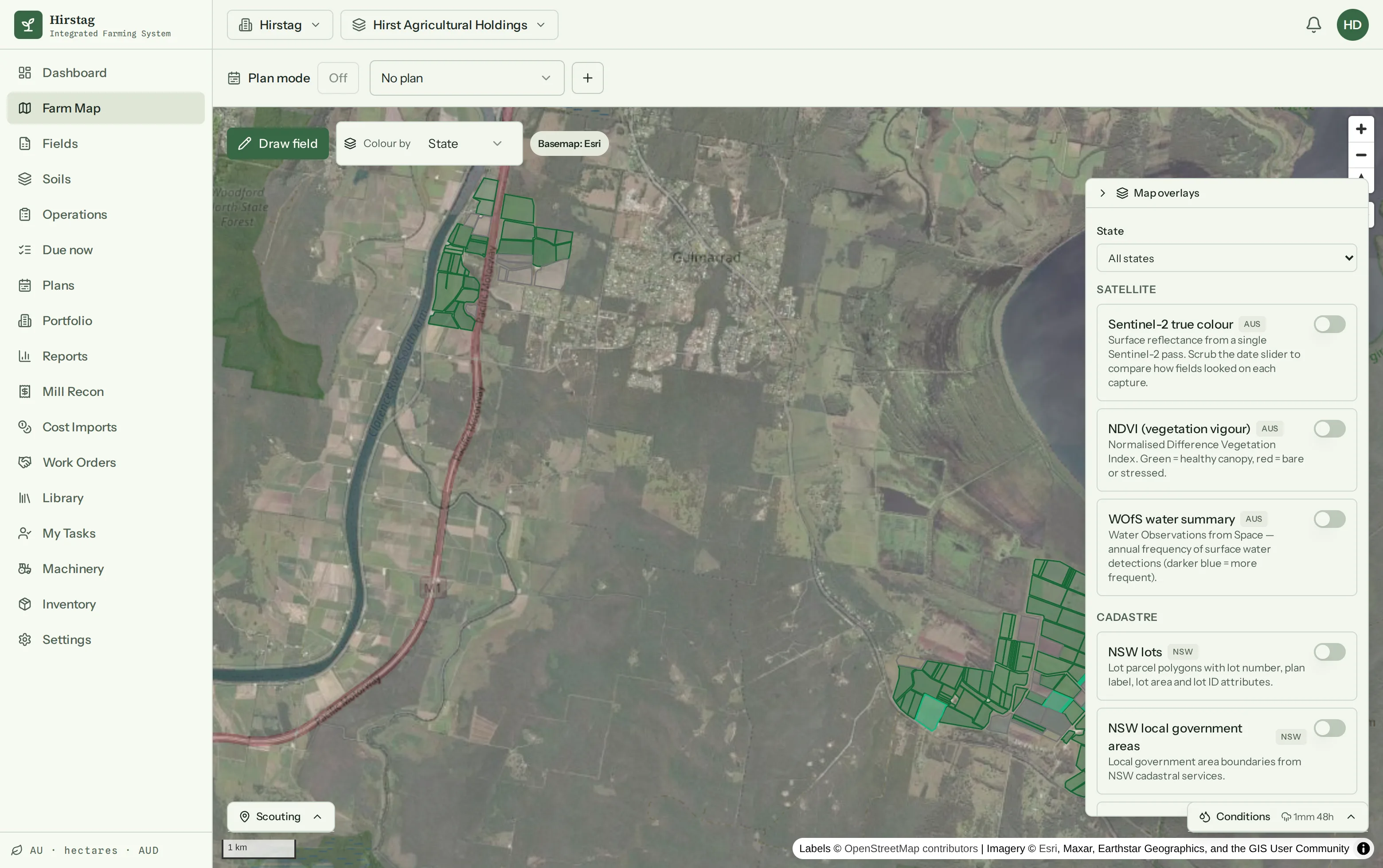 Screenshot of the AgroTellus farm map — field boundaries drawn over satellite imagery, with NDVI, Sentinel-2 and water overlays in a side panel