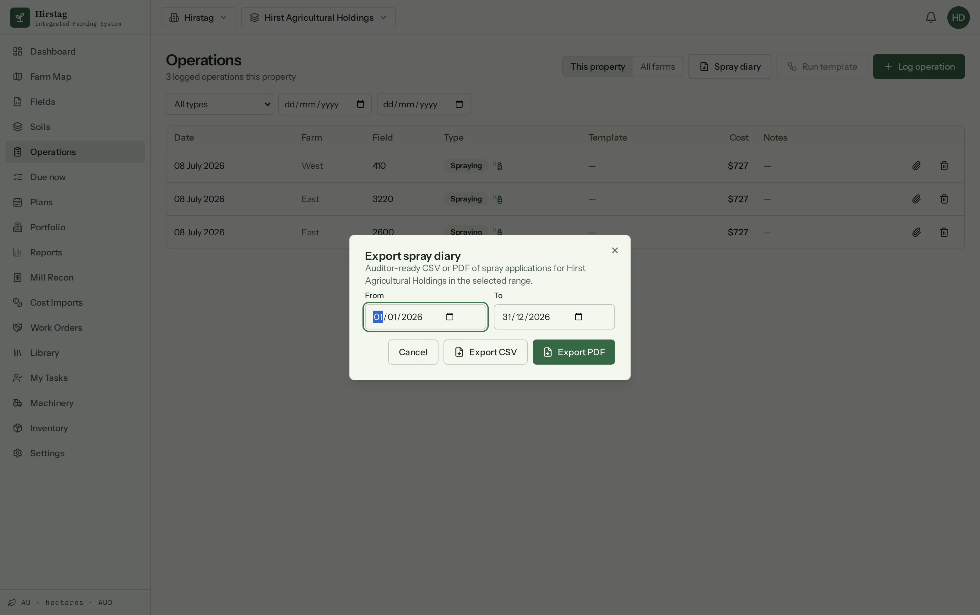 Screenshot of AgroTellus's spray diary export — an auditor-ready PDF/CSV dialog over the operations register, each spray record carrying farm, field and cost